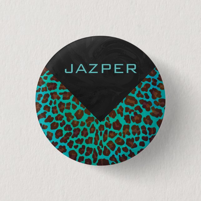 Monogram Teal and Brown Leopard 1 Inch Round Button (Front)