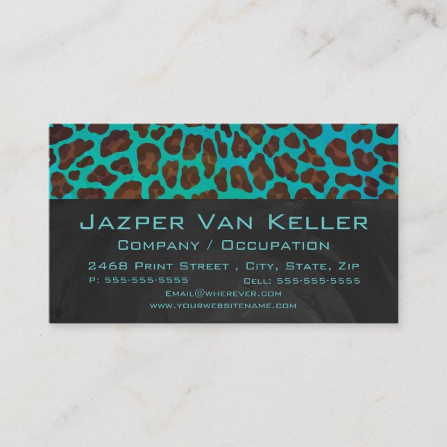 Monogram Teal and Brown Leopard Business Card (Front)