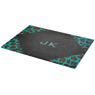 Monogram Teal and Brown Leopard Cutting Board