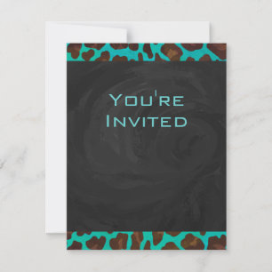 Monogram Teal and Brown Leopard Invitation