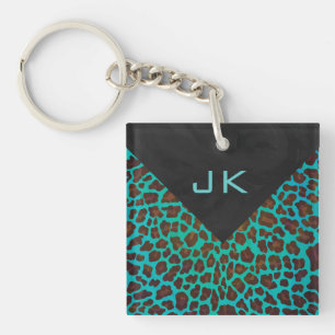 Monogram Teal and Brown Leopard Keychain