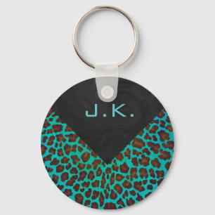 Monogram Teal and Brown Leopard Keychain