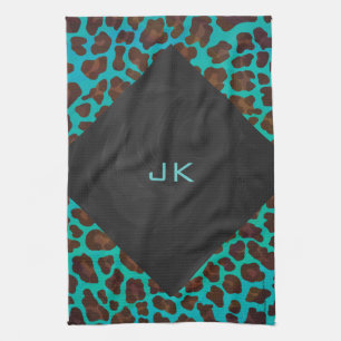 Monogram Teal and Brown Leopard Kitchen Towel