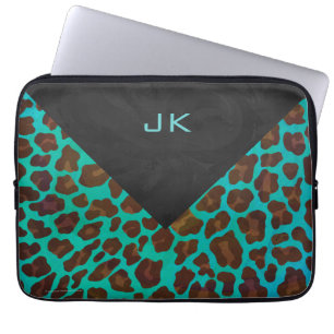 Monogram Teal and Brown Leopard Laptop Sleeve