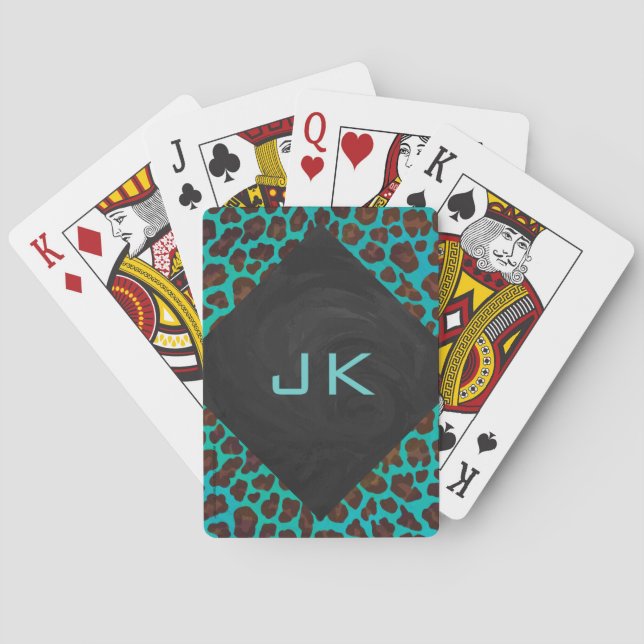 Monogram Teal and Brown Leopard Playing Cards (Back)