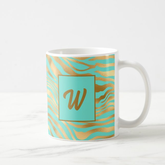 Monogram Teal and Gold Animal Print Coffee Mug (Right)