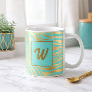 Monogram Teal and Gold Animal Print Coffee Mug