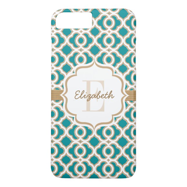 Monogram Teal and Gold Quatrefoil Case-Mate iPhone Case (Back)