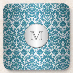 Monogram Teal and Silver Damask Coaster Set (6)