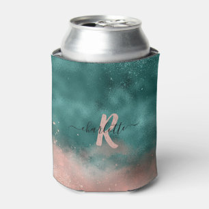 Monogram Teal and Soft Blush Pink Ombre Foil Can Cooler