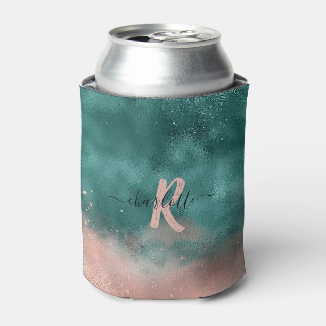 Monogram Teal and Soft Blush Pink Ombre Foil Can Cooler (Can Front)