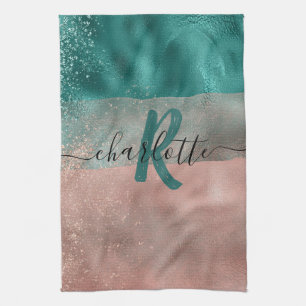 Monogram Teal and Soft Blush Pink Ombre Foil Kitchen Towel