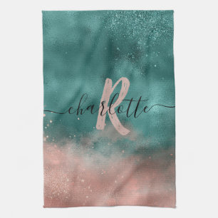 Monogram Teal and Soft Blush Pink Ombre Foil Kitchen Towel