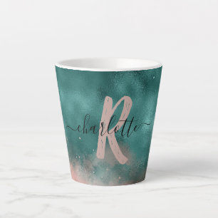 Monogram Teal and Soft Blush Pink Ombre Foil Latte Mug