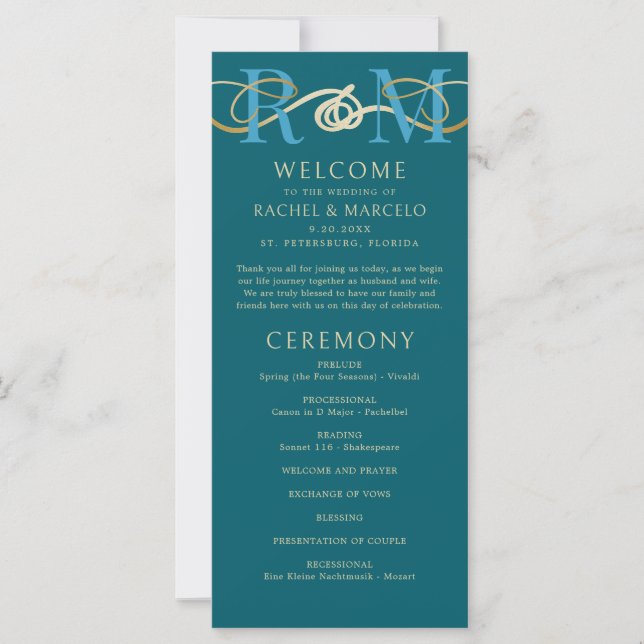 Monogram Teal Aqua Turquoise Wedding Program (Front)