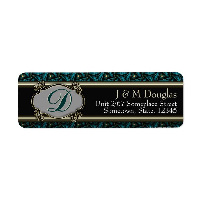 Monogram Teal Black Gold Stylish Address Label (Front)