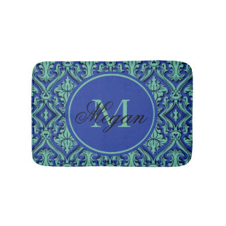 Monogram Teal Blue Damask Embossed Style Bath Mat