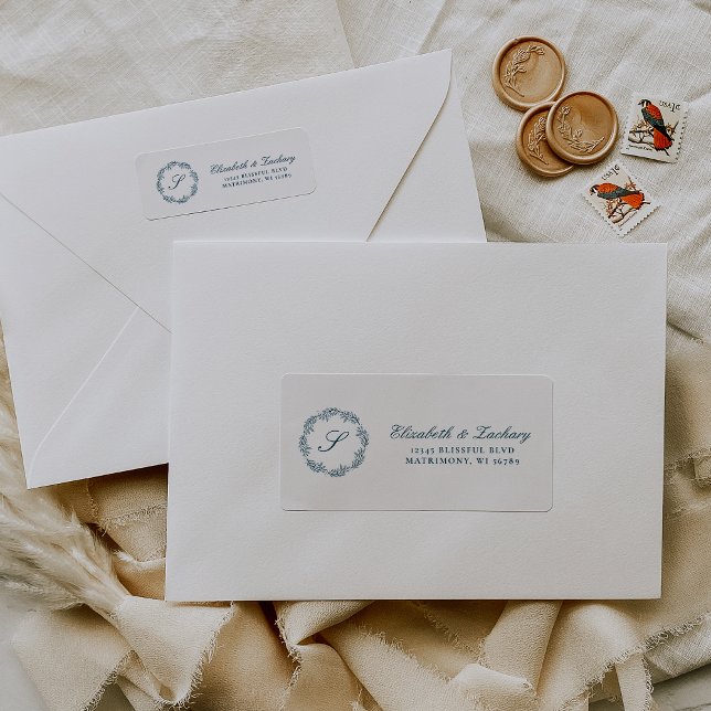 Monogram Teal Blue Foliage Wreath Return Address (Creator Uploaded)