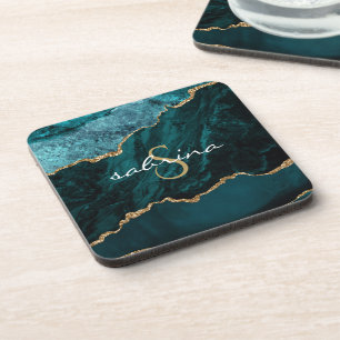 Monogram Teal Blue Gold Agate Geode Coaster