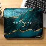Monogram Teal Blue Gold Agate Geode Laptop Sleeve<br><div class="desc">This chic design features an elegant watercolor image of teal blue agate trimmed with faux gold glitter. Personalize it with your monogram initial in gold coloured decorative font and your name in white handwriting script.</div>