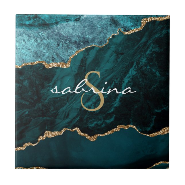 Monogram Teal Blue Gold Agate Geode Tile (Front)
