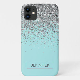 Monogram Teal Blue Silver Glam Glitter Name iPhone 11 Case