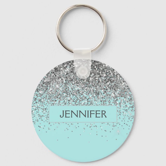 Monogram Teal Blue Silver Glam Glitter Name Keychain (Front)
