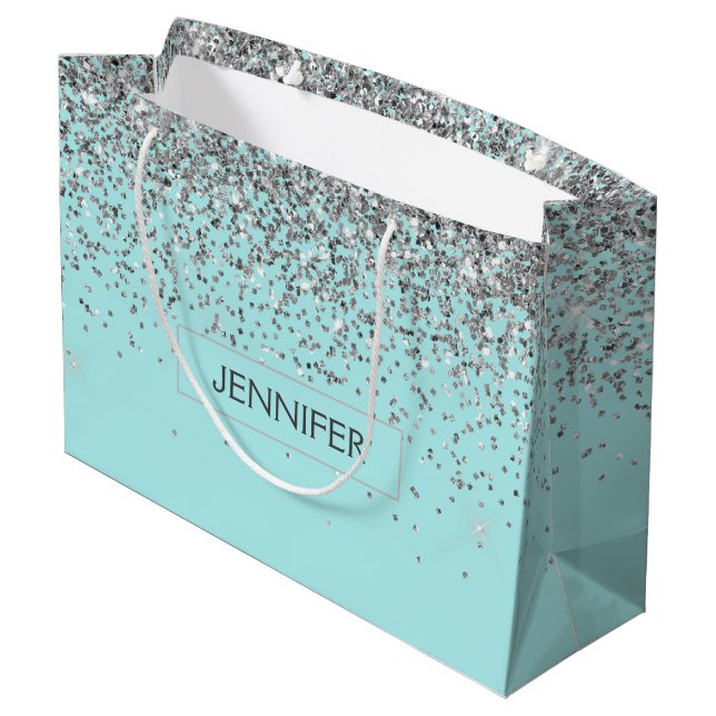 Monogram Teal Blue Silver Glam Glitter Name Large Gift Bag (Back Angled)