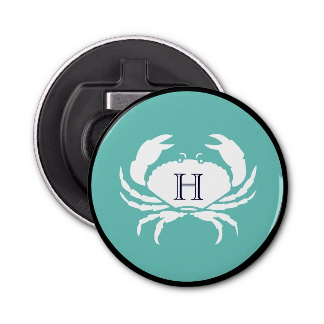 Monogram Teal Blue White Navy Blue Crab Nautical  Bottle Opener (Front)