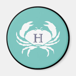 Monogram Teal Blue White Navy Blue Crab Nautical  Magnet