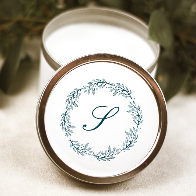 Monogram Teal Blue Wreath Classic Script Wedding Round Sticker (Creator Uploaded)