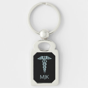 Monogram Teal Caduceus   Keychain