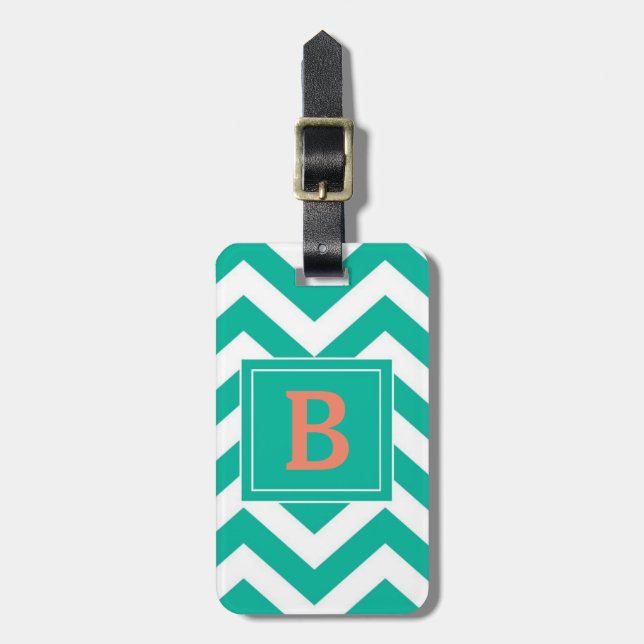 Monogram Teal Chevron Luggage Tag (Front Vertical)