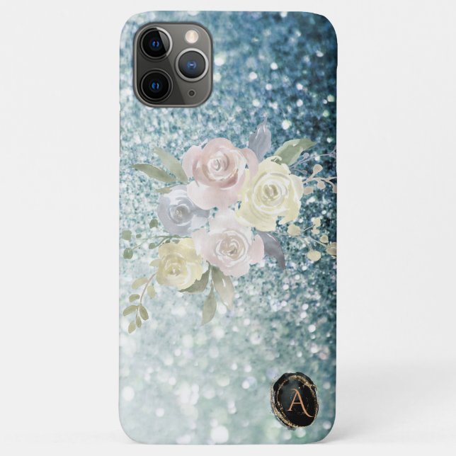 *~* Monogram TEAL Floral Ombre Glitter Case-Mate iPhone Case (Back)
