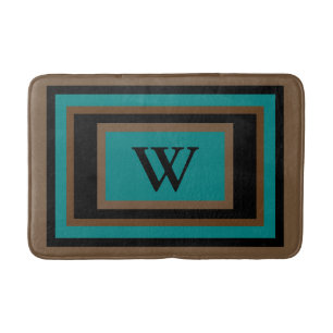 Monogram Teal Green Black Brown Geometric Bath Mat
