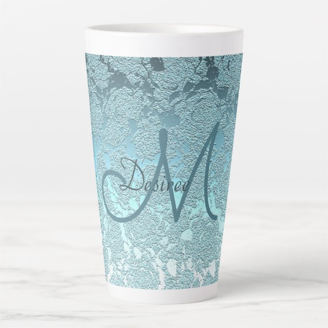 Monogram Teal Green Girly Elegant Art Floral Latte Mug (Front)