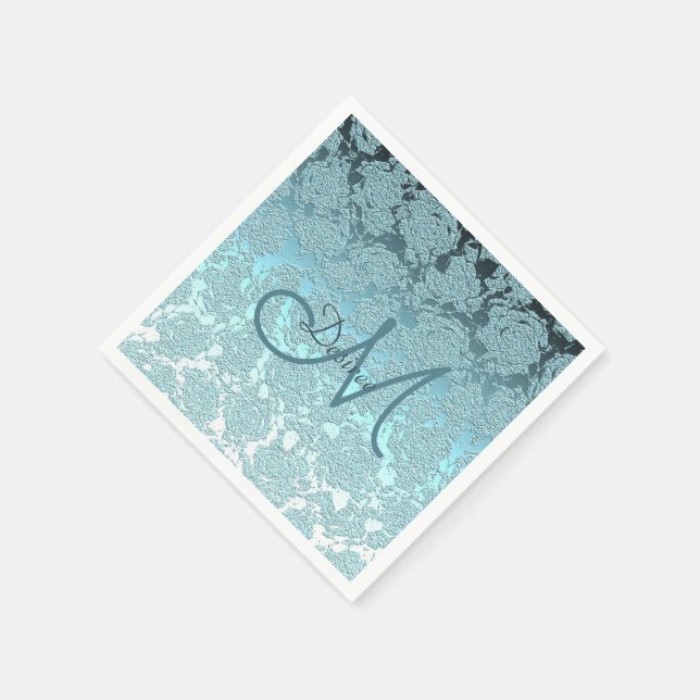 Monogram Teal Green Girly Elegant Floral Design Napkin (Corner)