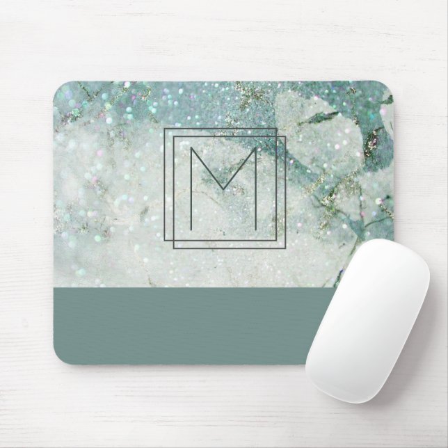 Monogram Teal Green Marble Glitter Monogram Mouse Pad (With Mouse)