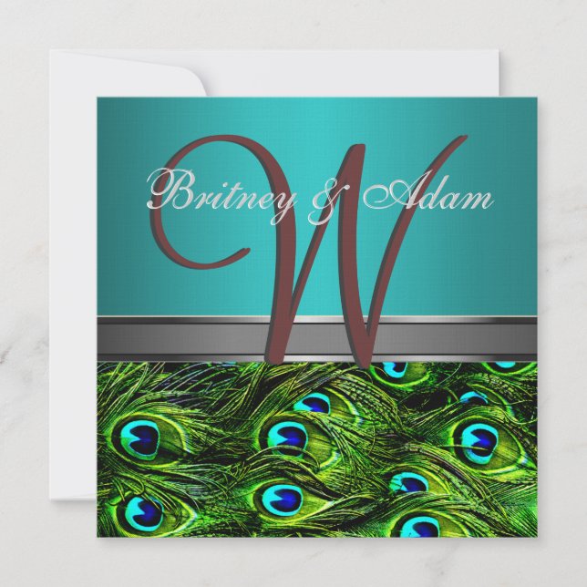Monogram Teal & Green Peacock Wedding Invitations (Front)