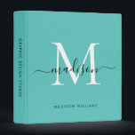 Monogram Teal Green White Script Office School Binder<br><div class="desc">Elegant Monogram Teal Green Black White Script Name Home Office Professional Work Back to School Recipe 3 ring binder</div>