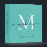 Monogram Teal Green White Script Office School Binder<br><div class="desc">Elegant Monogram Teal Green Black White Script Name Home Office Professional Work Back to School Recipe 3 ring binder</div>