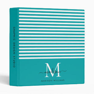 Monogram Teal Green White Stripes Script Office Binder
