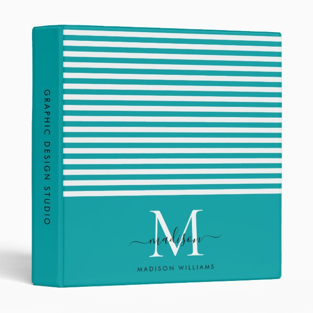 Monogram Teal Green White Stripes Script Office Binder (Front/Spine)