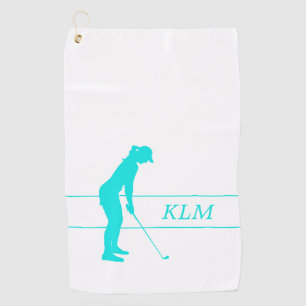 Monogram Teal on White Woman Silhouette Golfer Golf Towel