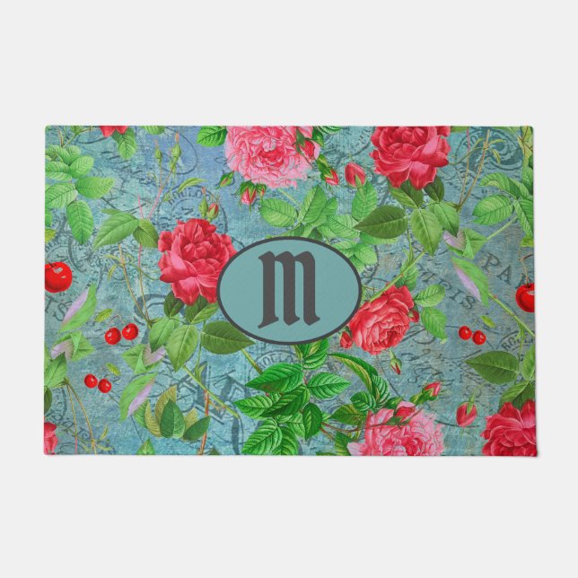 Monogram Teal Paris Watercolor Flowers Door Mat (Front)