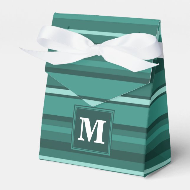 Monogram teal stripes favor box (Front Side)