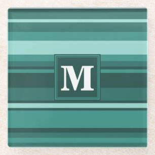 Monogram teal stripes glass coaster
