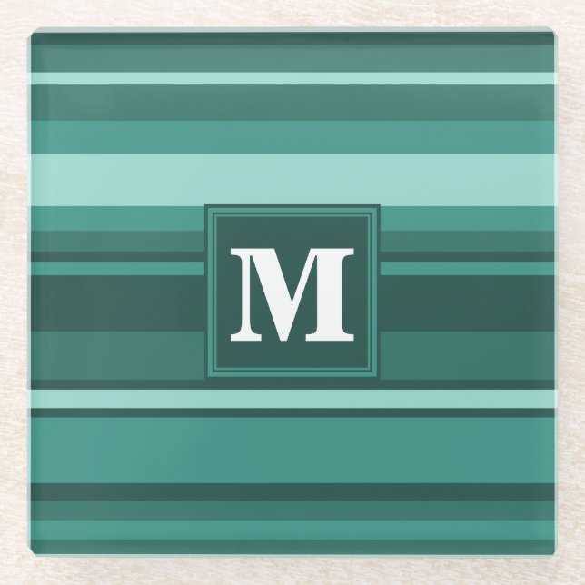 Monogram teal stripes glass coaster (Front)