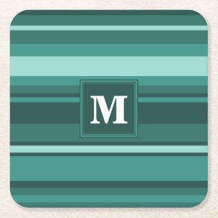 Monogram teal stripes square paper coaster