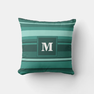 Monogram teal stripes throw pillow